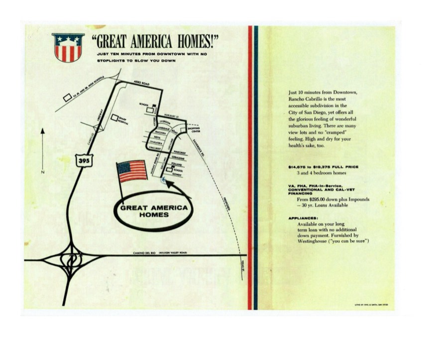 The back page of a 1950s sales brochure. A simple map shows the subdivision's streets on the mesa, with Aero Road along the top, Sharp Hospital and the Cabrillo Freeway to the left and Camino del Rio along the bottom. A panel beside it lists prices and financing terms.