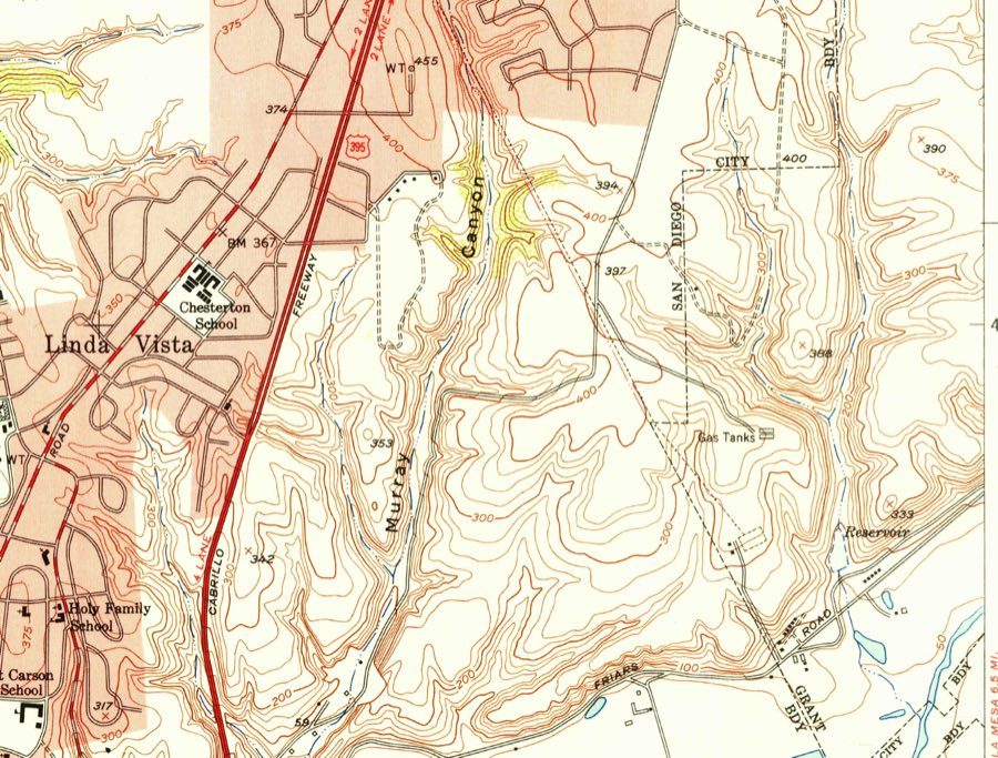 A 1953 topographic map. The mesa across the center and right is bare contour lines, canyons, a reservoir and gas tanks. Linda Vista, already built, fills the left edge.