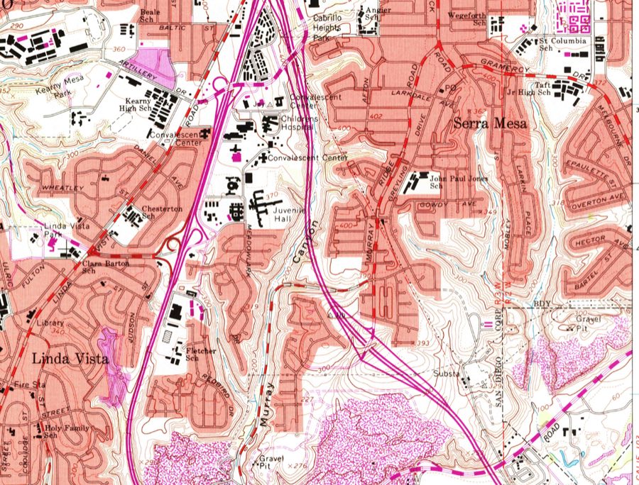 The same ground on a 1967 topographic map, now covered in streets and buildings, with "Serra Mesa" printed across the middle of the mesa.